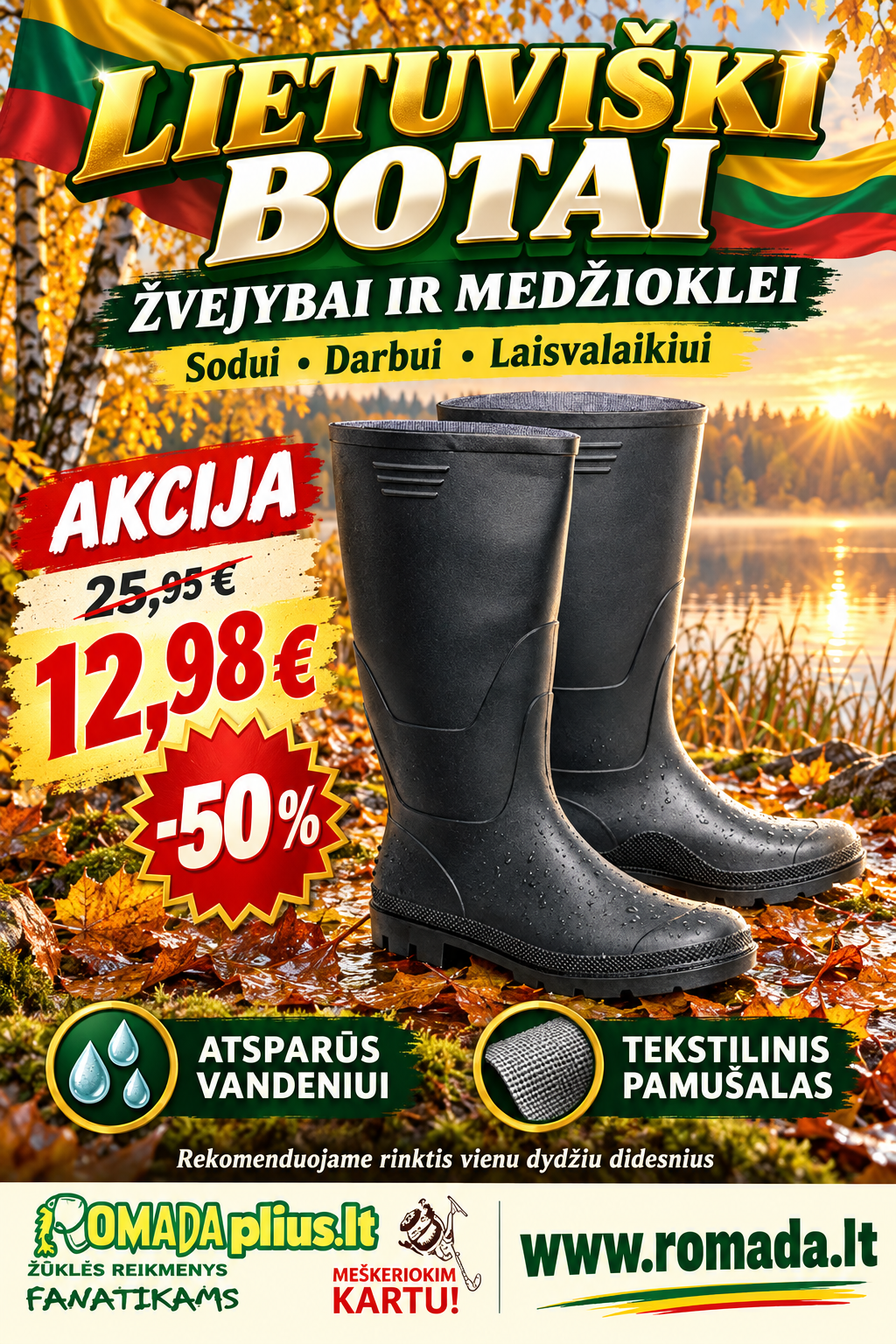 -50% Super Kaina 12eur Lietuviški juodi botai – žvejybai medžioklei darbui ir laisvalaikiui