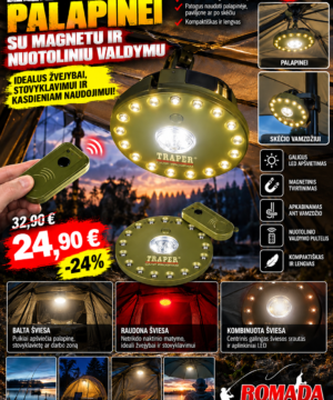 Super Kaina 29eur Kubas Palapinei Skėčiui Prožektorius su magnetu ir nuotoliniu valdymo pulteliu LED Traper carp