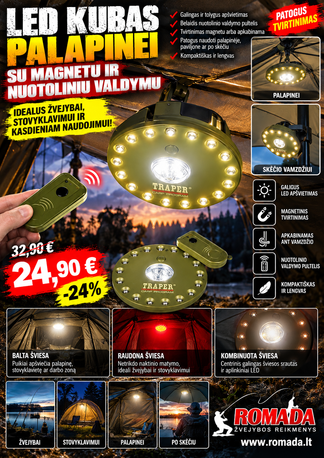 Super Kaina 29eur Kubas Palapinei Skėčiui Prožektorius su magnetu ir nuotoliniu valdymo pulteliu LED Traper carp