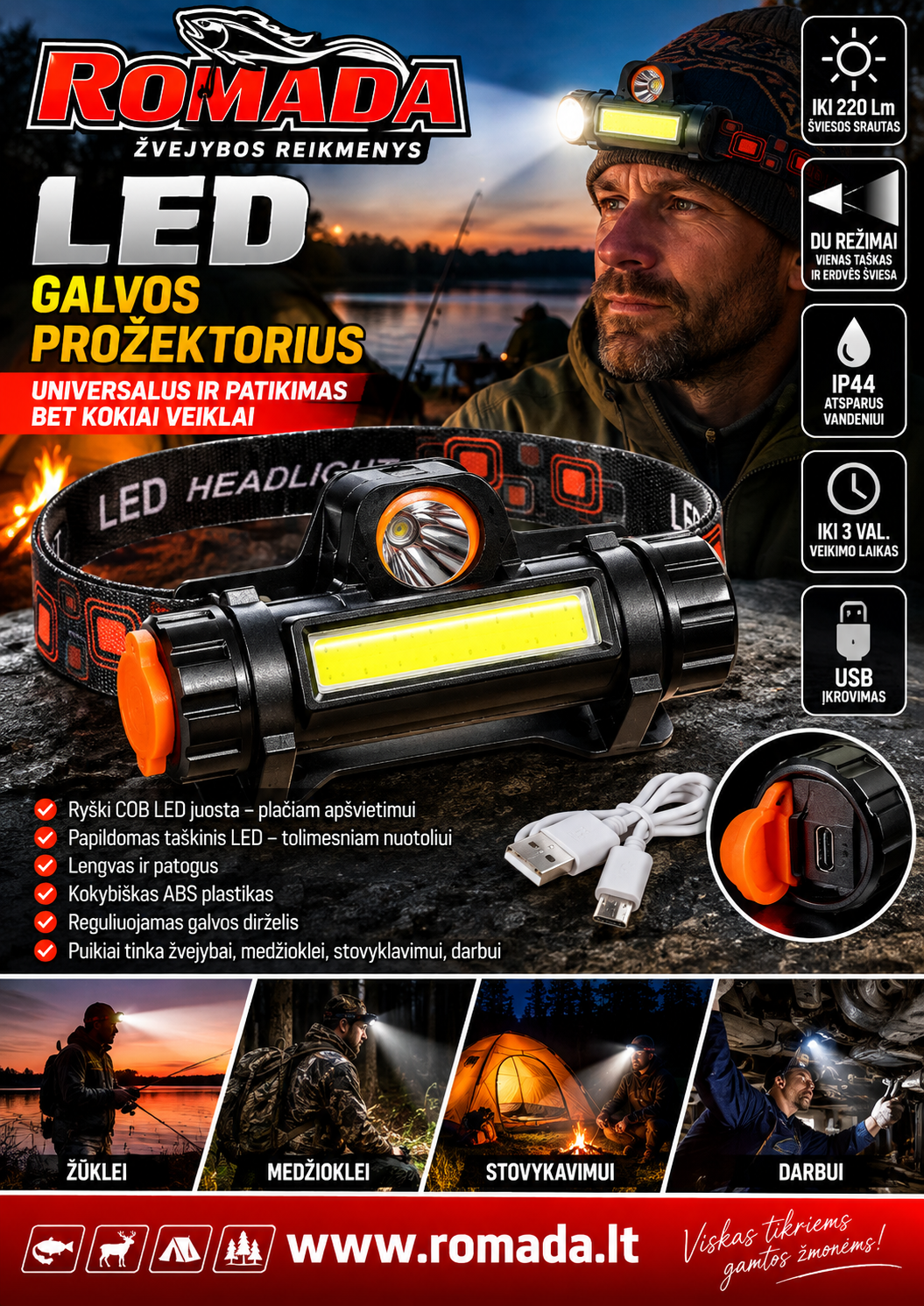 Įkraunamas LED galvos prožektorius COB + XPE – dvigubas apšvietimas