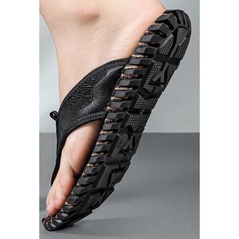 Batai Šlepetės Basutės Odinės Vasarinės Juodos ir Juodos Odiniai sandalai vyrams - Image 2