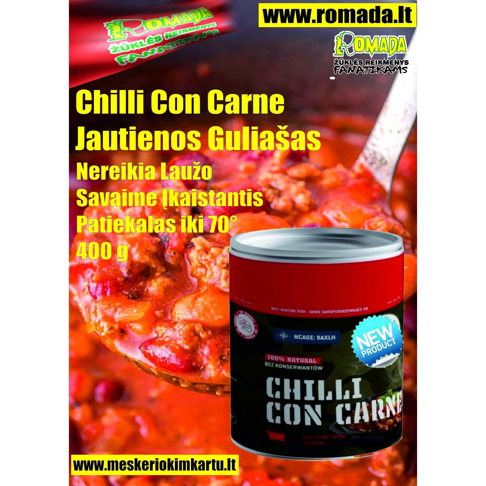 Chilli Con Carne Jautienos Guliašas 400g - Tai Revoliucinis savaime įkaistantis patiekalas Puikiai tinka Stovyklavimui Žygiams Darbui Žvejybai ir Medžioklei