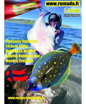 Guminukas jūrinis Plekšnės Imitacija 24,5cm 400g Didelių Halibutų Otų ir Menkių Žvejybai Norvegijoje nepakeičiamas Spalva Peacock Fluo