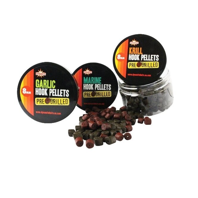 Kablio granulės DYNAMITE BAITS PRE-DRILLED 8mm KRILL / GARLIC / MARINE HALIBUT Krevetė / Česnakas / Norvegijos HALIBUTAS