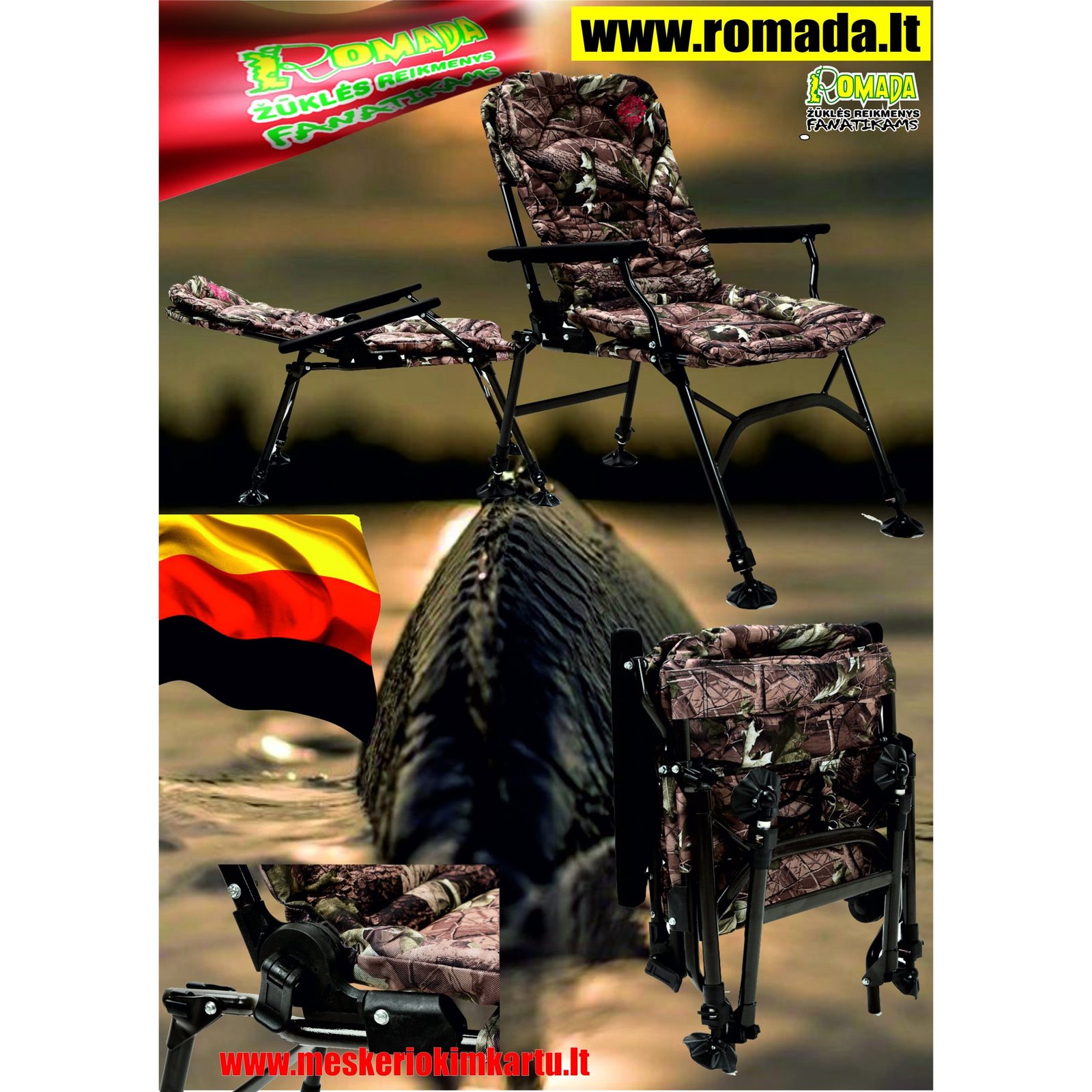 -26% Super Kaina 129eur Kėdė Žvejybai Karpinė Kamufliažinė su porankiais iki 140kg Vokiška Kokybė Galima Miegoti Relax