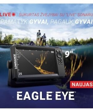 Naujas Echolotas Eagle Eye™ 9” & Worldwide Base Map Live Lowrance Transducer su integruota Ypatingai sufokusuotas gyvas sonaras sujungiamas su CHIRP ir DownScan Imaging™ su FishReveal™ viename