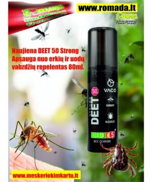 Naujiena DEET 50 Strong -Apsauga nuo erkių ir uodų vabzdžių repelentas 80ml. Purškiamas Apsaugo 98% nuo Erkių ir Uodų Net 8 val.