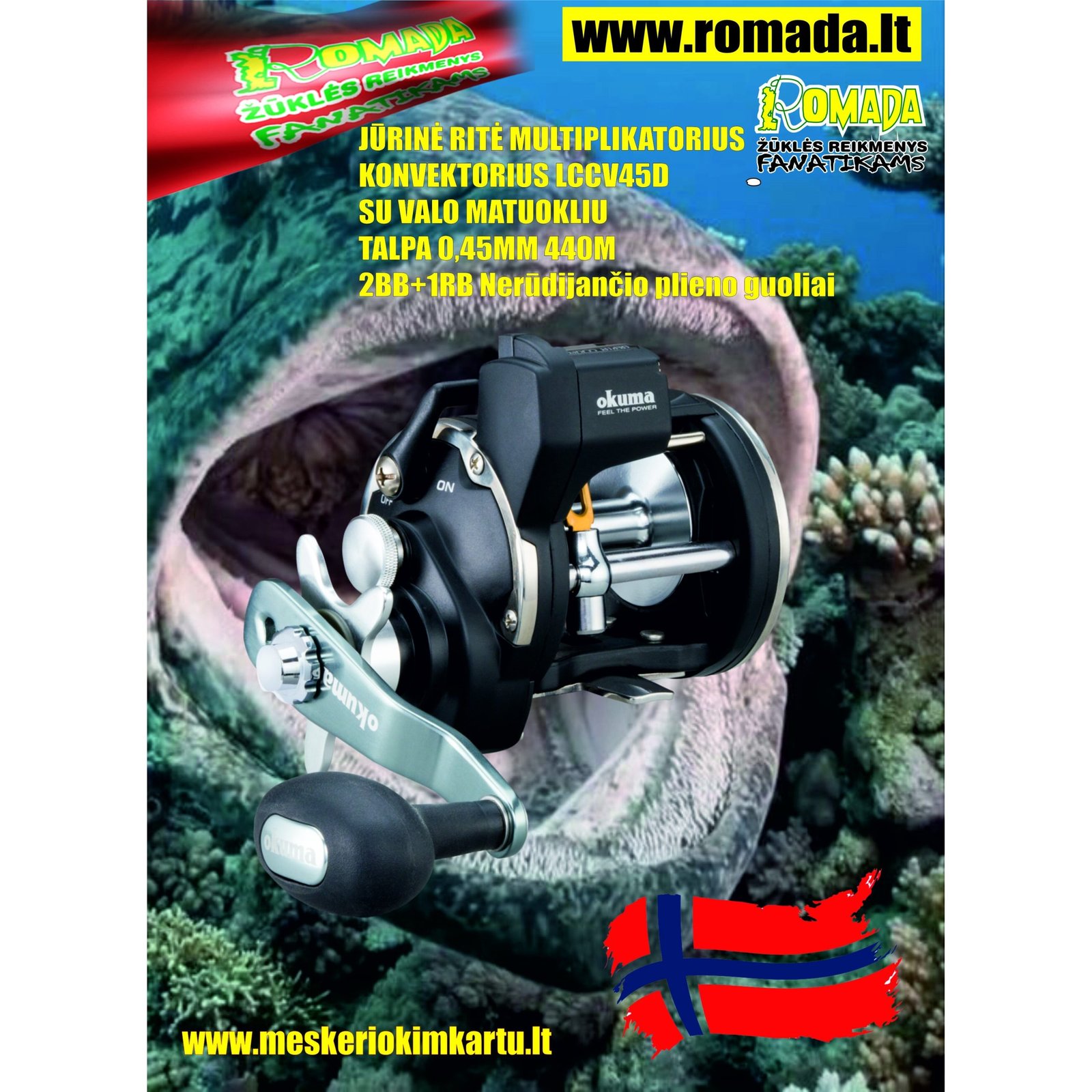 Ritė Multiplikatorius Galingas KONVEKTORIUS 45D su Valo matuokliu Dešinė ranka Žvejybai Norvegijoje Halibut Menkių žvejybai