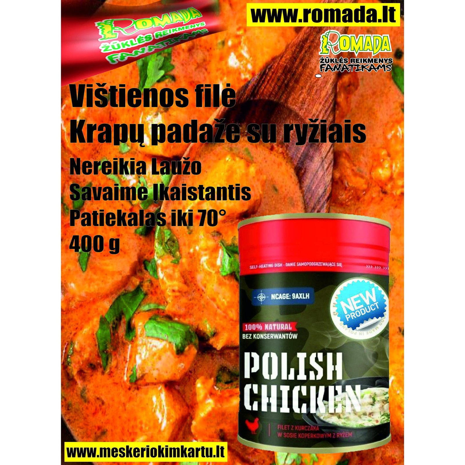 Vištienos filė Krapų padaže su ryžiais 400g - Tai Revoliucinis savaime įkaistantis patiekalas Puikiai tinka Stovyklavimui Žygiams Darbui Žvejybai ir Medžioklei