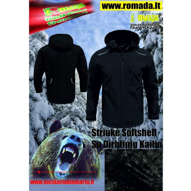 Striukė Softshell su dirbtiniu kailiu Rudeninė Žieminė Lengva Šilta Membrana 8000/3000 Juoda