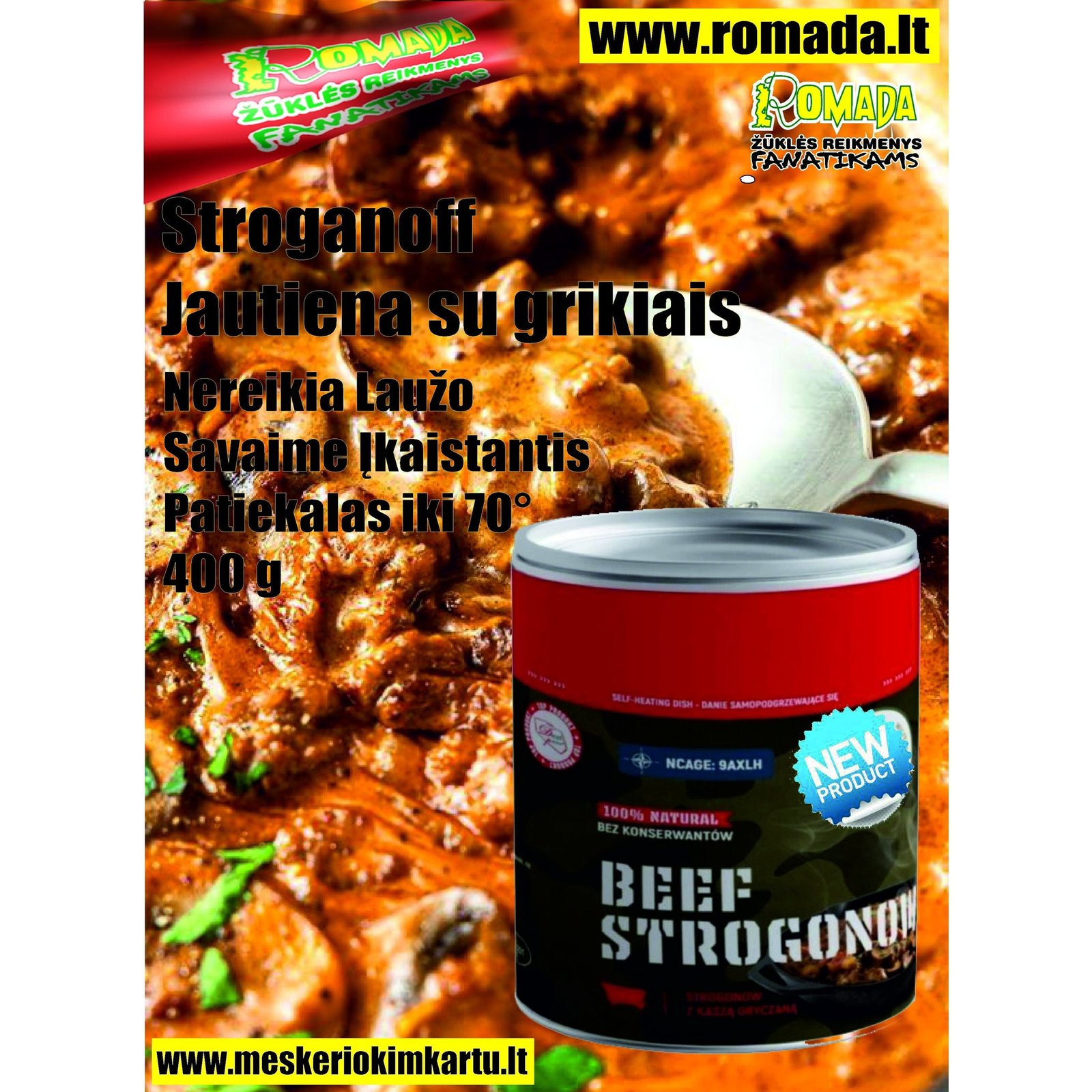Stroganoff Jautiena su grikiais 400g - Tai Revoliucinis savaime įkaistantis patiekalas Puikiai tinka Stovyklavimui Žygiams Darbui Žvejybai ir Medžioklei