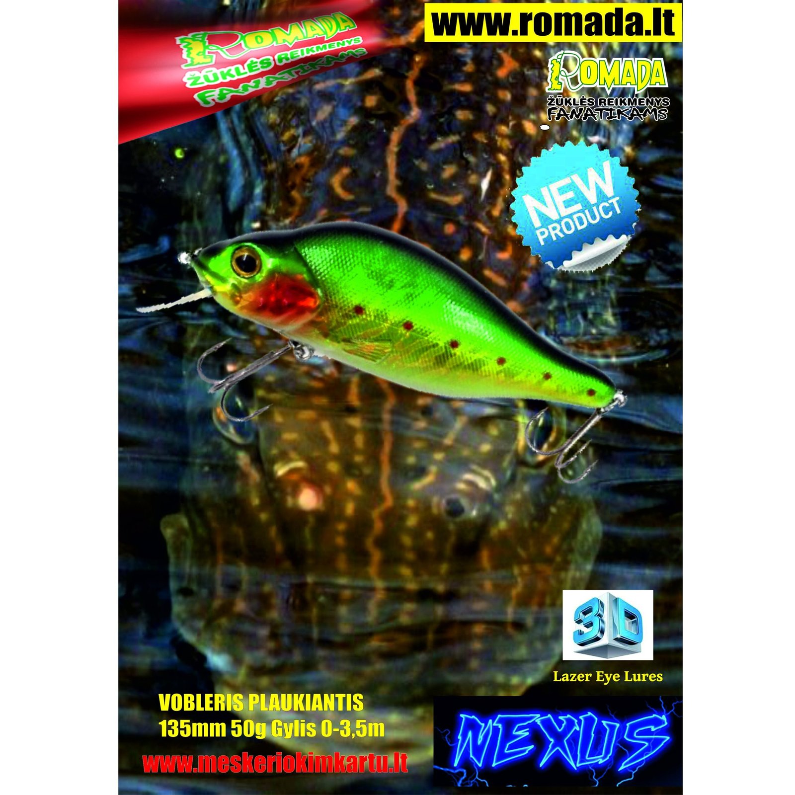 Vobleris Nexus 3D Plaukiantis 13.5cm 50g SP-A Labai efektyvus masalas Lydekoms jis kaip gyvas ir primena nuo baimes bėgančią žuvį