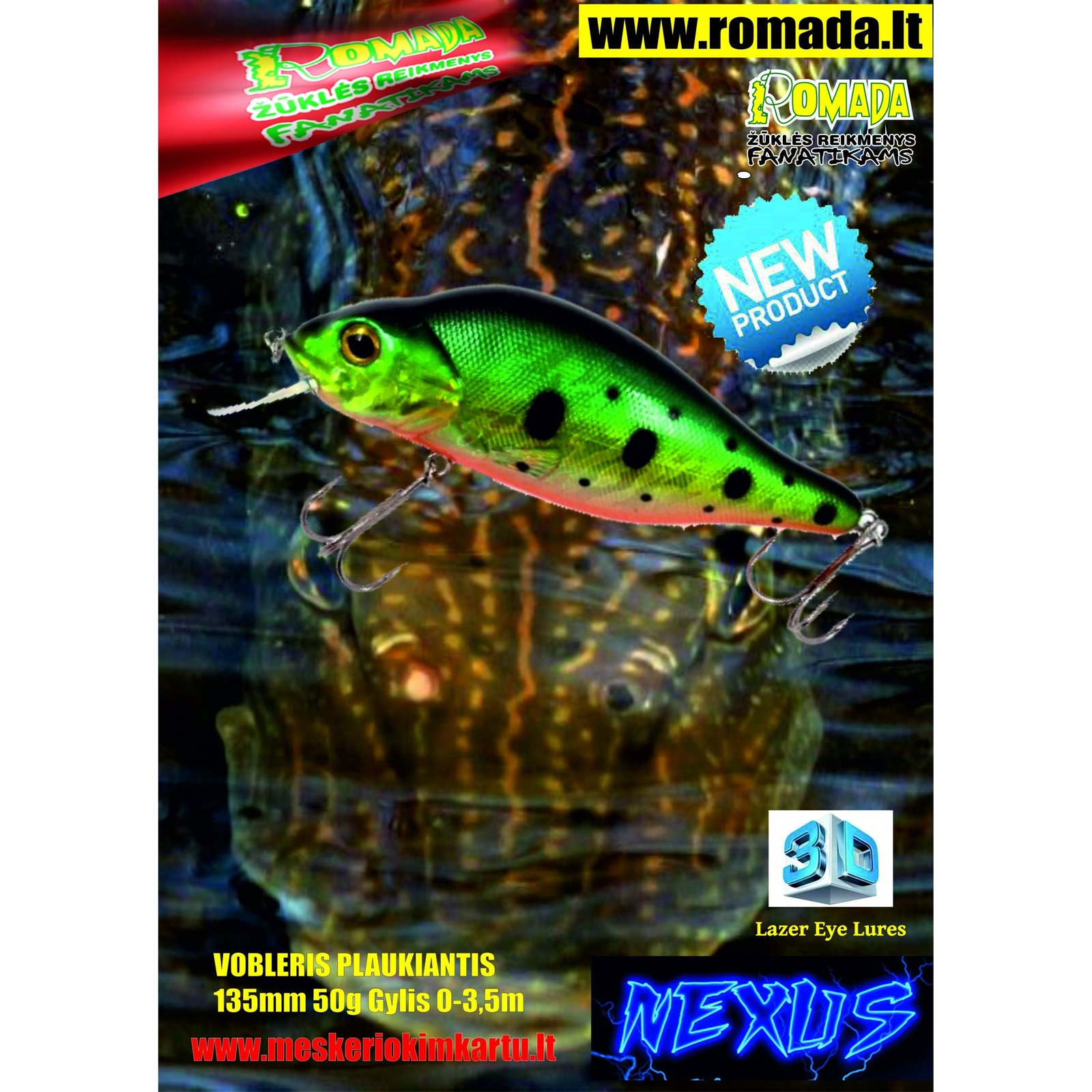 Vobleris Nexus 3D Plaukiantis 13.5cm 50g SP-B Labai efektyvus masalas Lydekoms jis kaip gyvas ir primena nuo baimes bėgančią žuvį