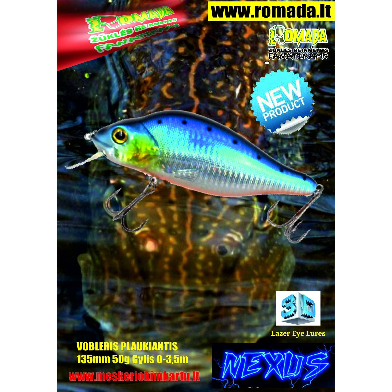 Vobleris Nexus 3D Plaukiantis 13.5cm 50g SP-D Labai efektyvus masalas Lydekoms jis kaip gyvas ir primena nuo baimes bėgančią žuvį