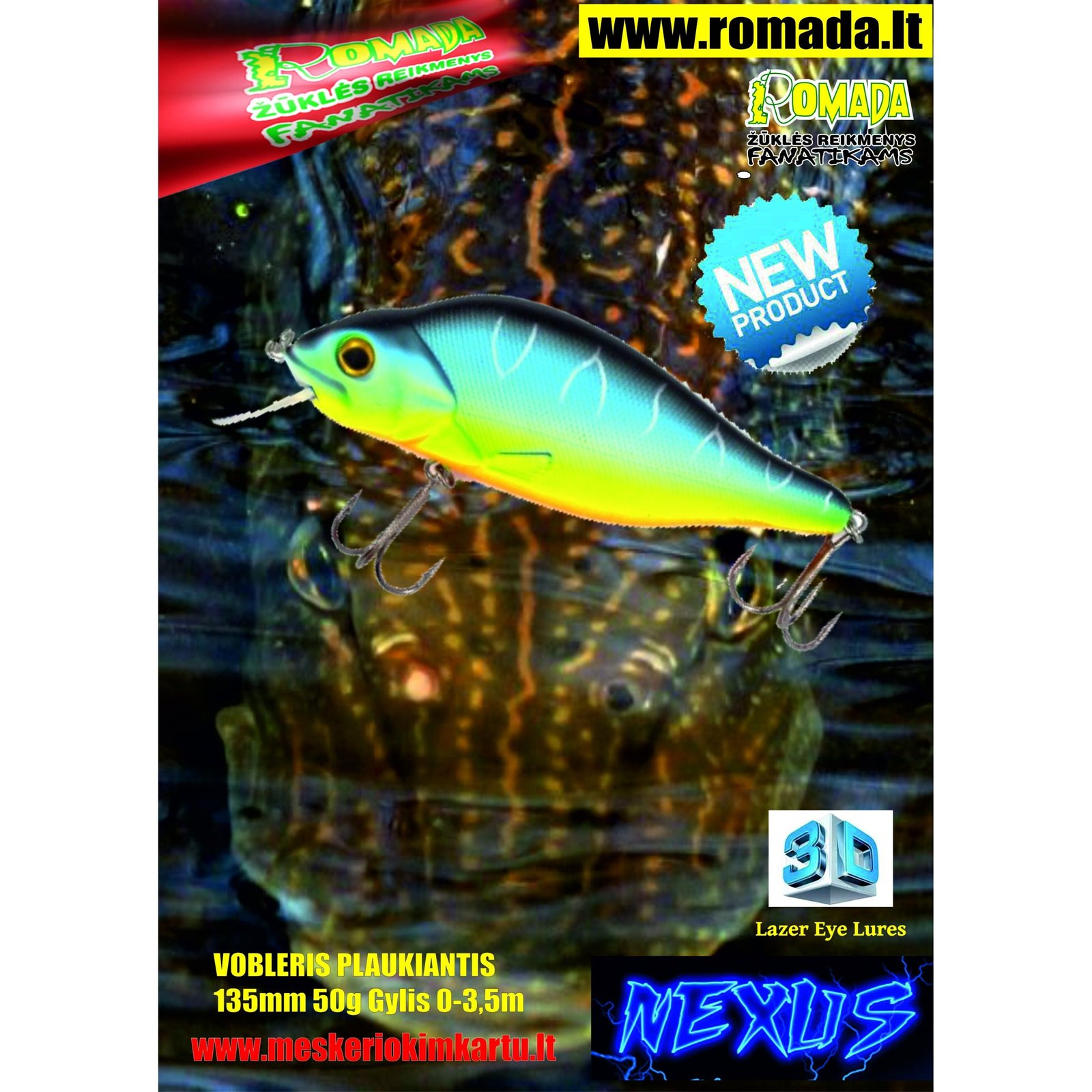 Vobleris Nexus 3D Plaukiantis 13.5cm 50g SP-E Labai efektyvus masalas Lydekoms jis kaip gyvas ir primena nuo baimes bėgančią žuvį (Kopija)