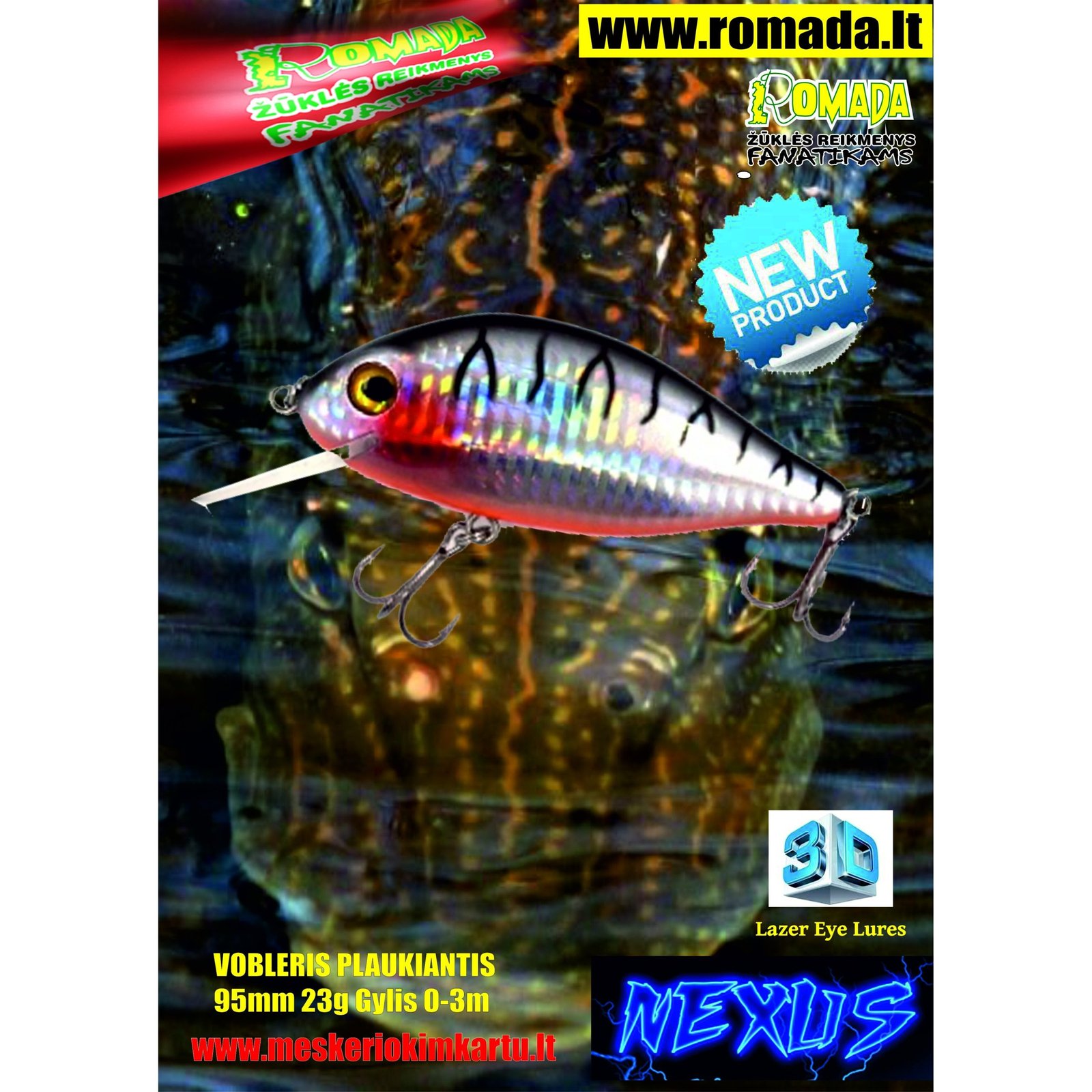 Vobleris Nexus 3D Plaukiantis 9.5cm 23g SP-A Labai efektyvus masalas Lydekoms jis kaip gyvas ir primena nuo baimes bėgančią žuvį