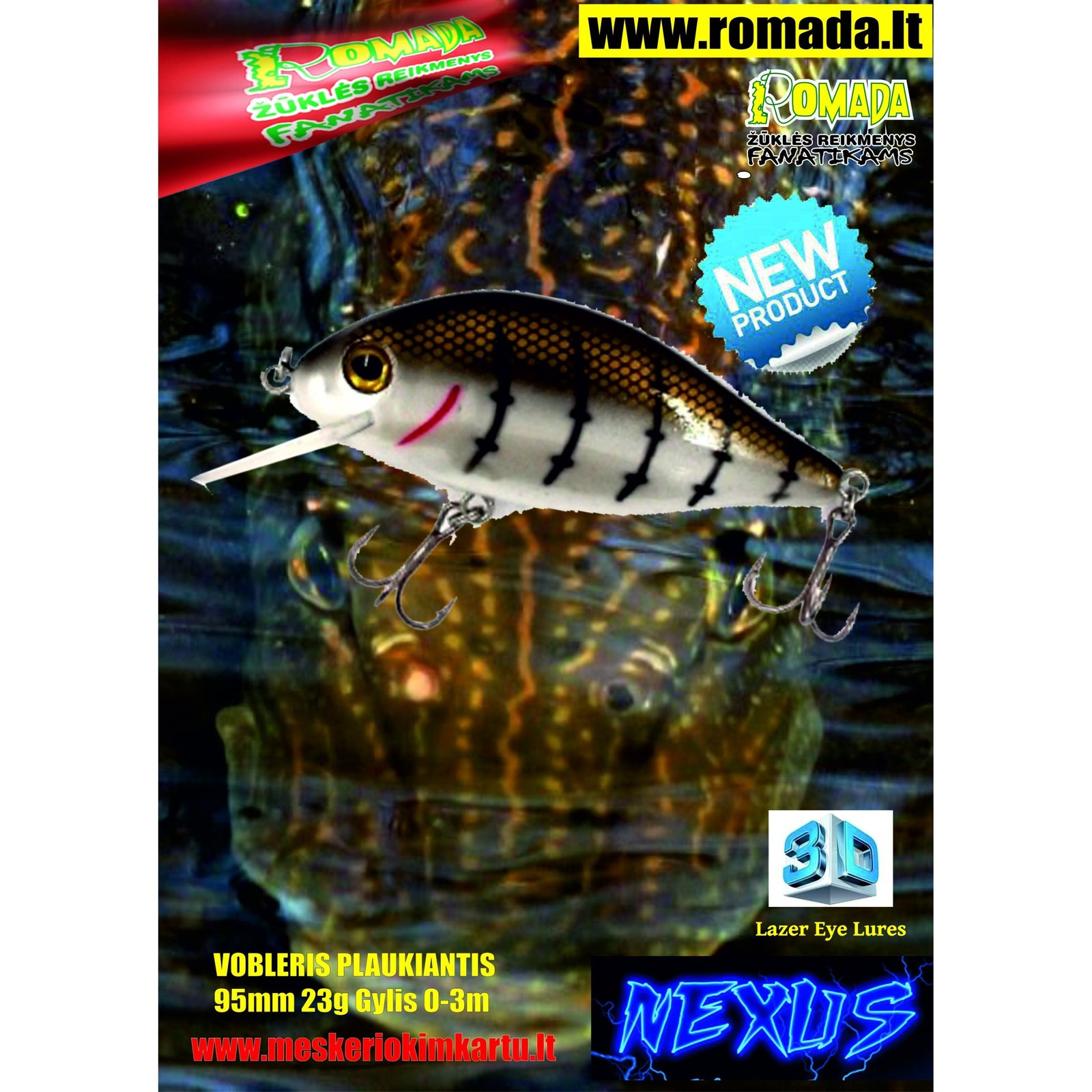 Vobleris Nexus 3D Plaukiantis 9.5cm 23g SP-B Labai efektyvus masalas Lydekoms jis kaip gyvas ir primena nuo baimes bėgančią žuvį