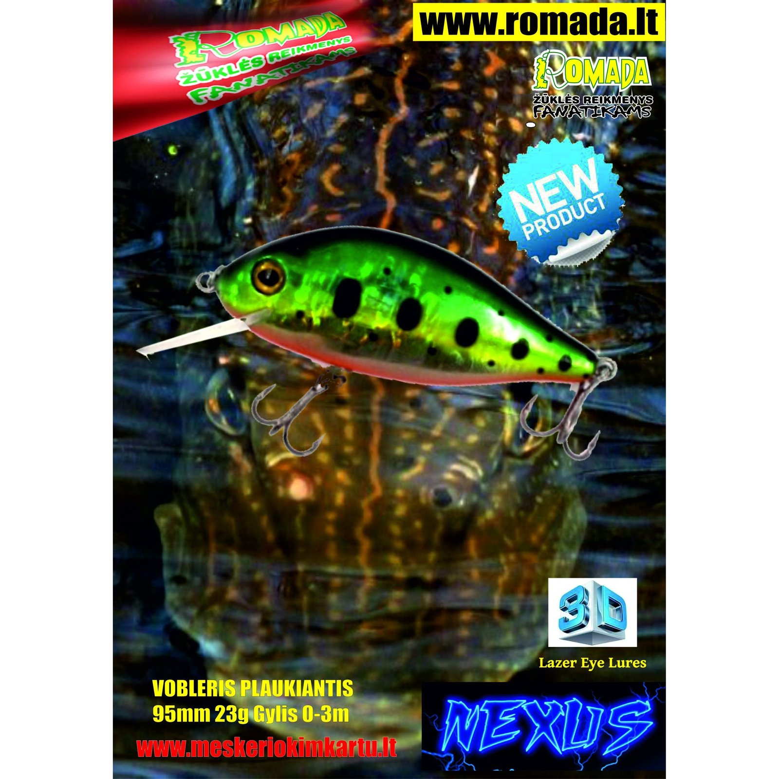 Vobleris Nexus 3D Plaukiantis 9.5cm 23g SP-C Labai efektyvus masalas Lydekoms jis kaip gyvas ir primena nuo baimes bėgančią žuvį