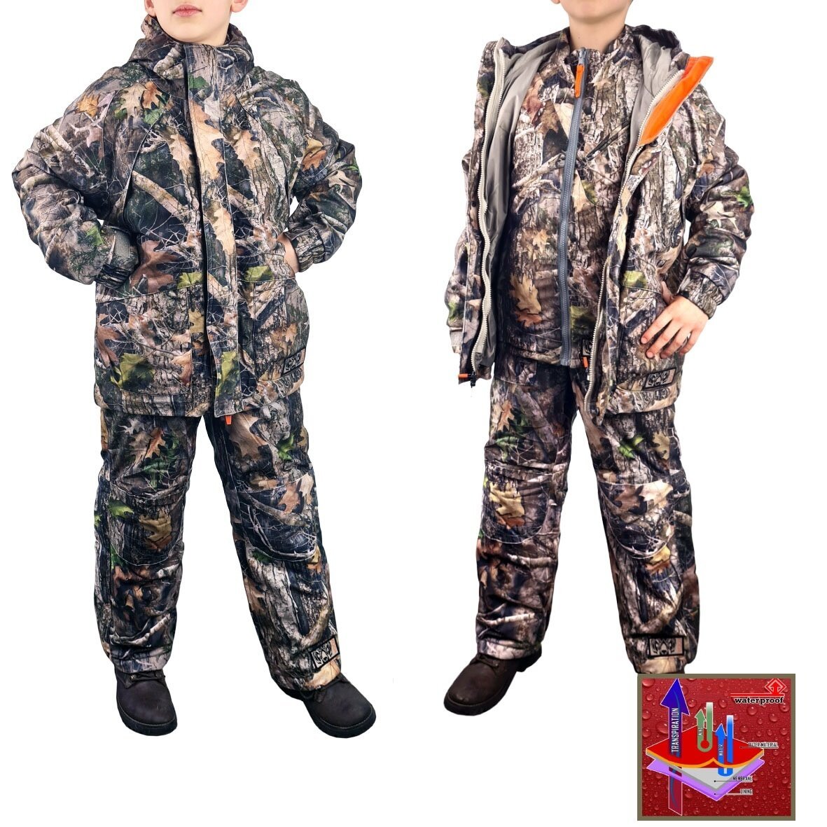 Žieminis demisezoninis vaikiškas Moteriškas kostiumas Camo Trys Viename 3 viename striukė kelnės su petnešomos vidinis dvipusis džemperis.