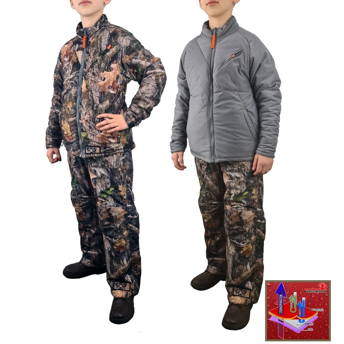 Žieminis demisezoninis vaikiškas Moteriškas kostiumas Camo Trys Viename 3 viename striukė kelnės su petnešomos vidinis dvipusis džemperis. - Image 2