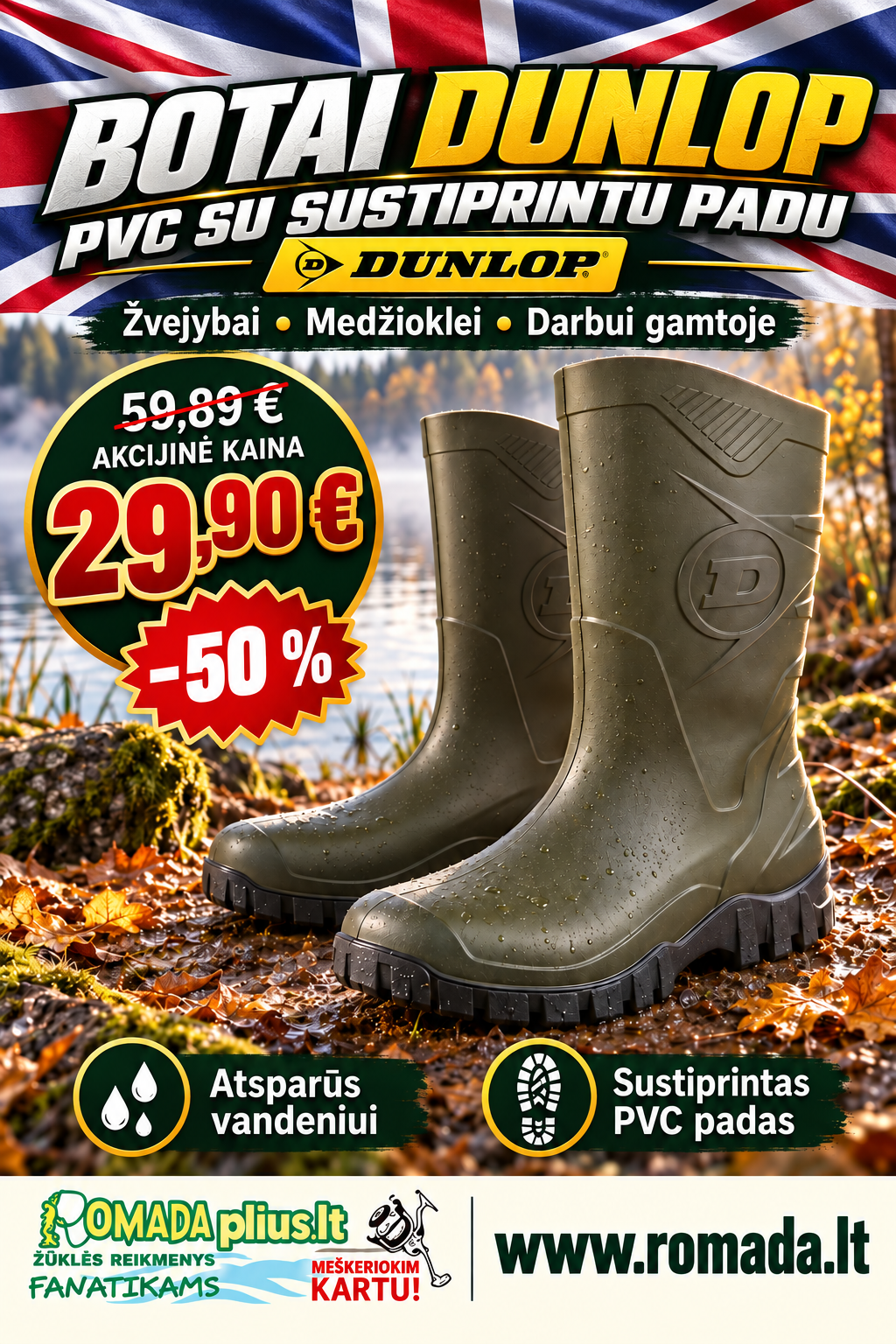 -50% Super Kaina 29eur Botai DUNLOP PVC su sustiprintu padu