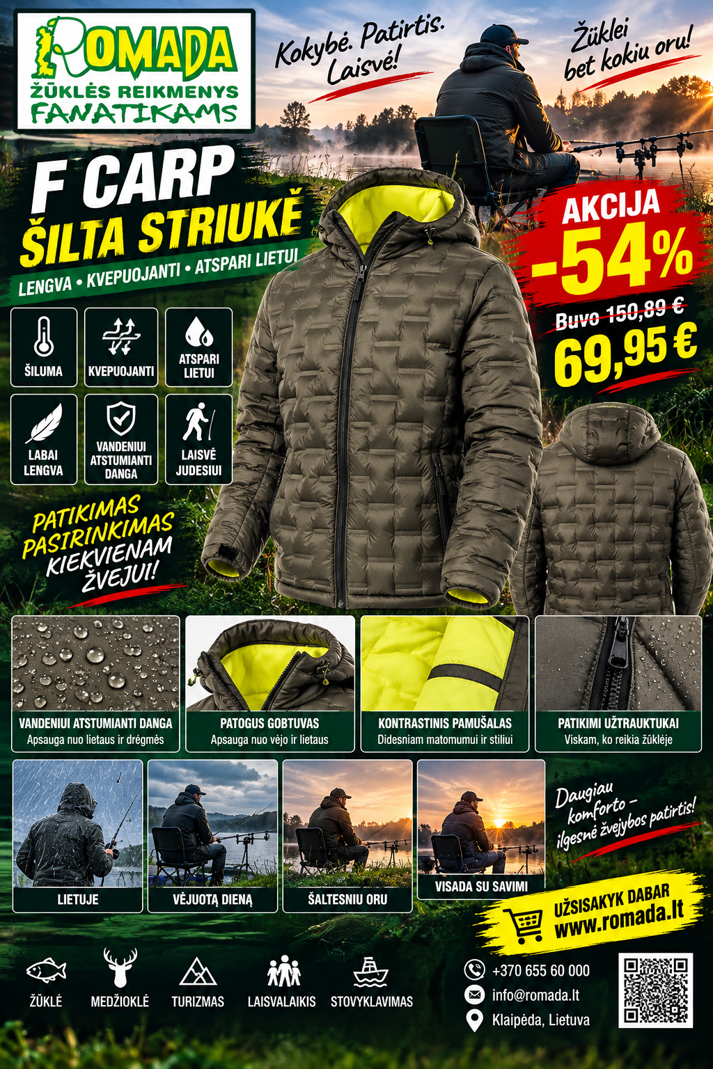 -54% Super Kaina 69eur Striukė Bubble F-CARP pašiltinta Lietui atspari Labai Lengva