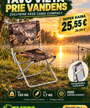 -31% Super Kaina 25eur Žvejybinė kėdė Camo Compact su atlošu iki 120kg Labai Tvirta