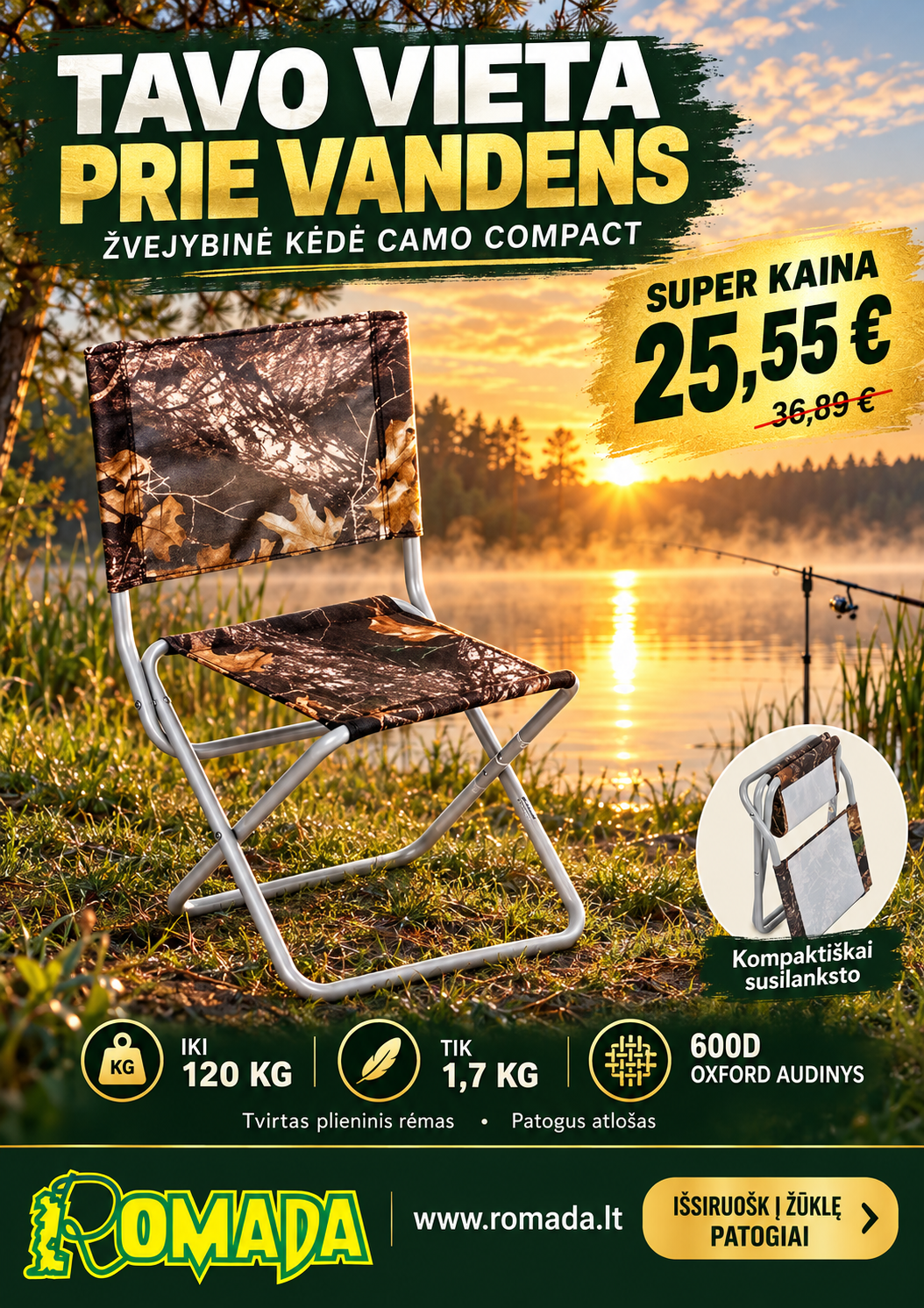 -31% Super Kaina 25eur Žvejybinė kėdė Camo Compact su atlošu iki 120kg Labai Tvirta