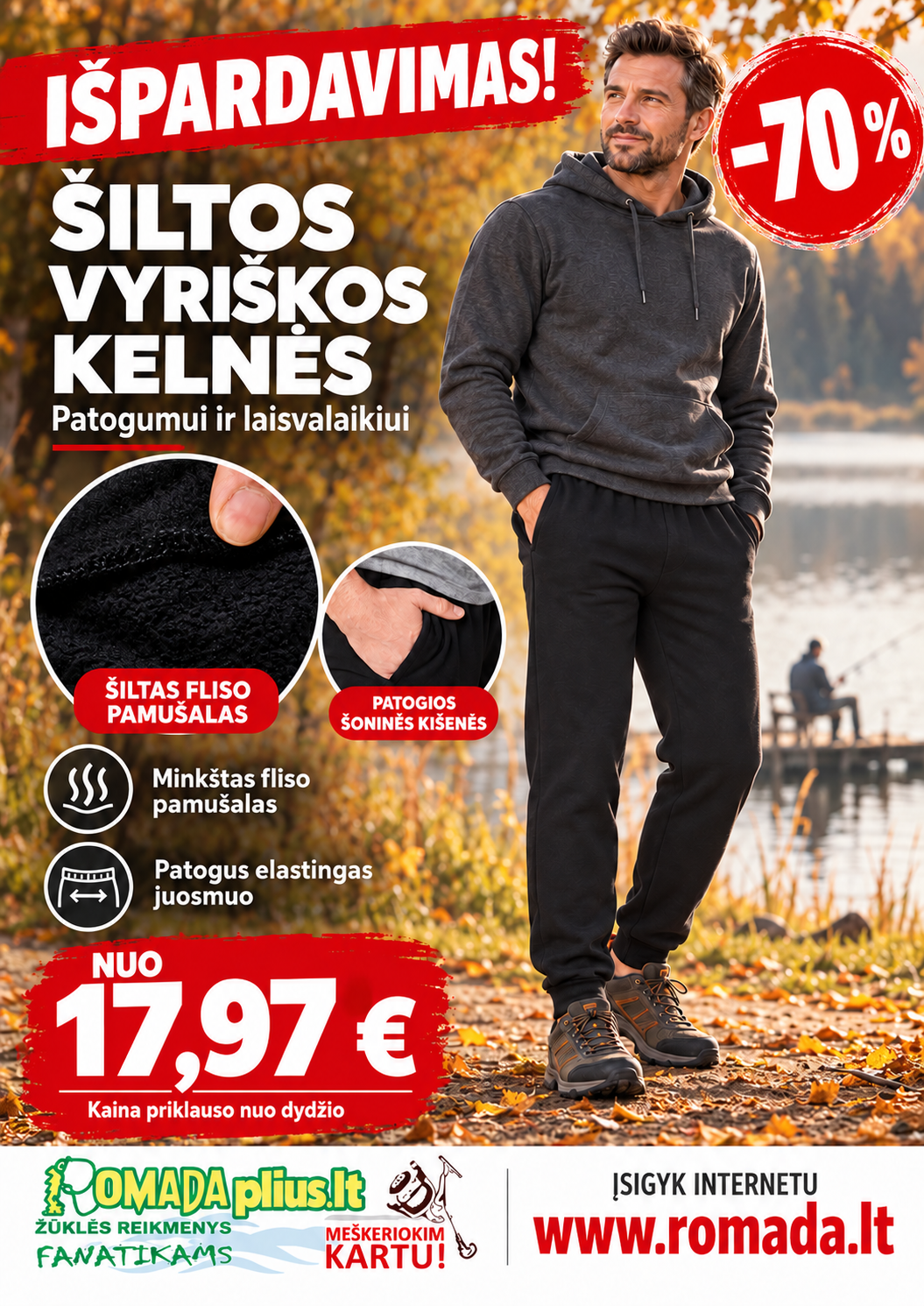 -70% Super Kaina 17eur Kelnės Sportinės Vyriškos Šiltos Fleece Pamušalas