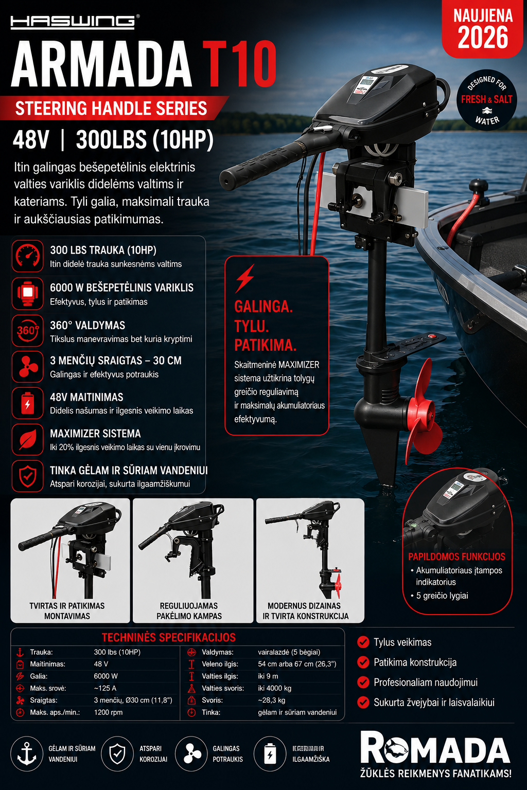 Naujas Elektrinis 10-ARKLIO JĖGOS 300LBS VALTIES VARIKLIS HASWING ARMADA 10T BRUSHLESS TROLLING MOTOR 48V 10HP Tinka Jūroje