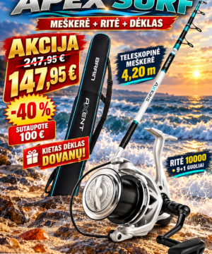 -40% Akcija Super kaina 147eur KOMPLEKTAS Meškerė Apex Surf Teleskopinė 4.20m iki 200g +RITĖ Surf Apex Surf-Carp 10000 10-guoli + Kietas Dėklas Dovanų