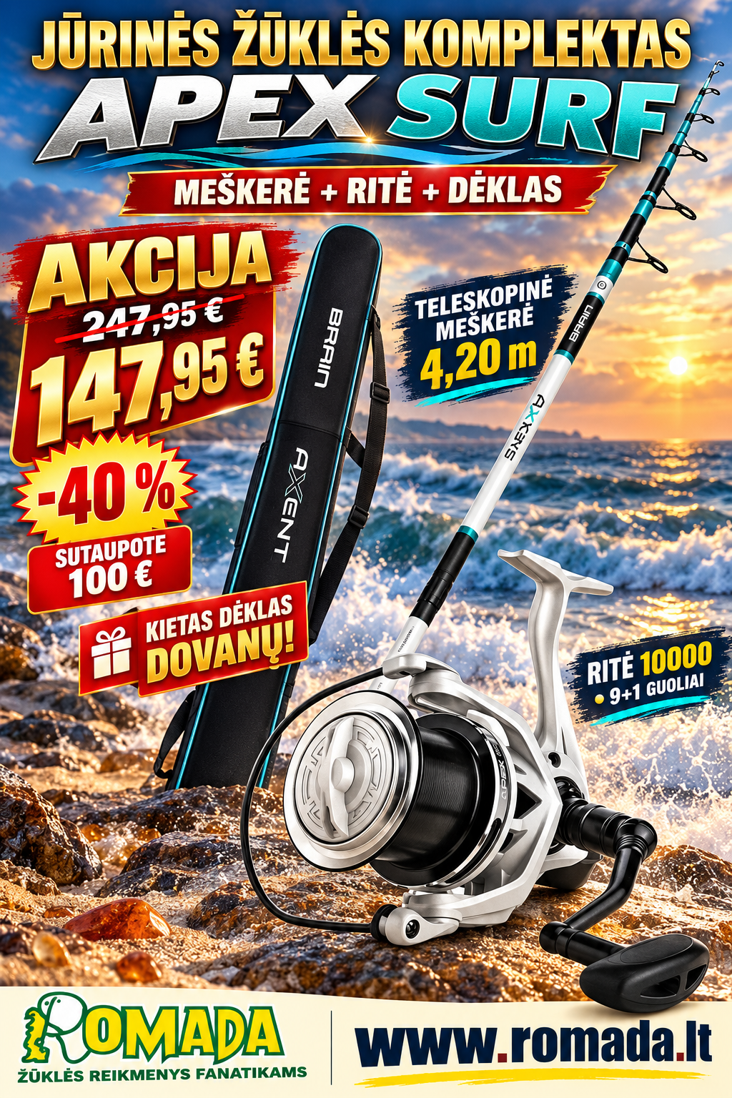 -40% Akcija Super kaina 147eur KOMPLEKTAS Meškerė Apex Surf Teleskopinė 4.20m iki 200g +RITĖ Surf Apex Surf-Carp 10000 10-guoli + Kietas Dėklas Dovanų