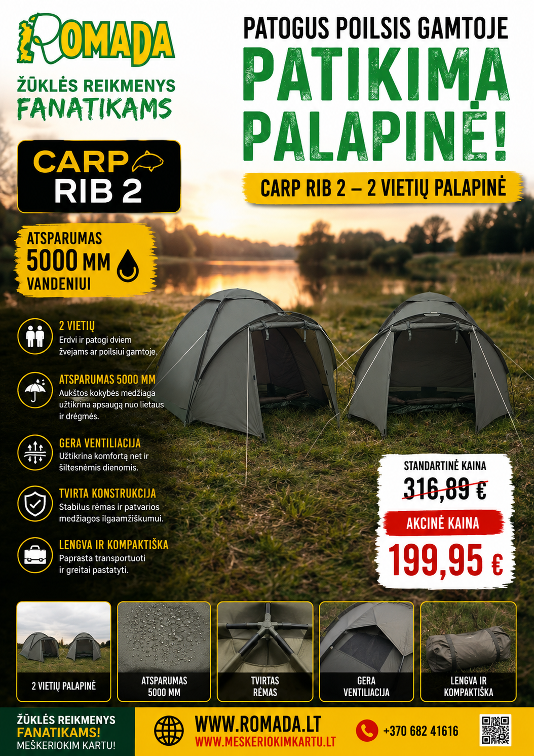 -37% Super Kaina 199eur PALAPINĖ 2-vietė Carp RIB-2 Atsparumas 5000mm vandeniui Poilsiui gamtoje