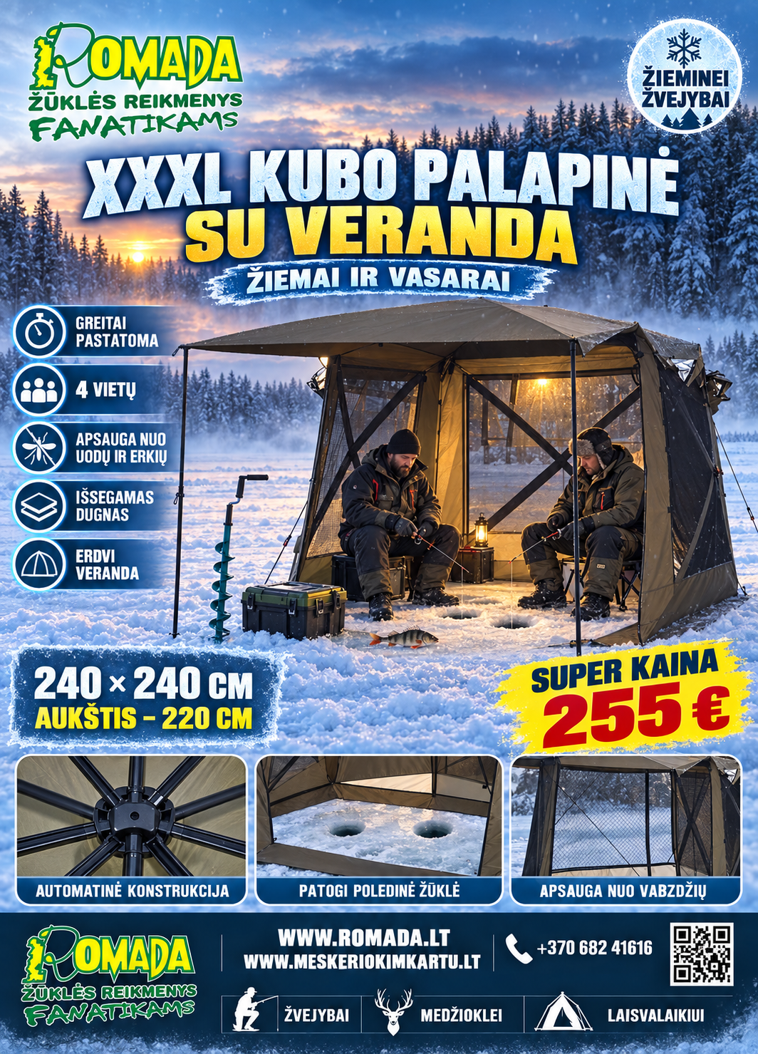 Super kaina 255eur PALAPINĖ XXXL Žiema Vasara KUBAS Automatinė Su Veranda Dydis 240x240cm aukštis 220cm su apsauga nuo uodų ir erkių Komplekte įsegamas DUGNAS!!!