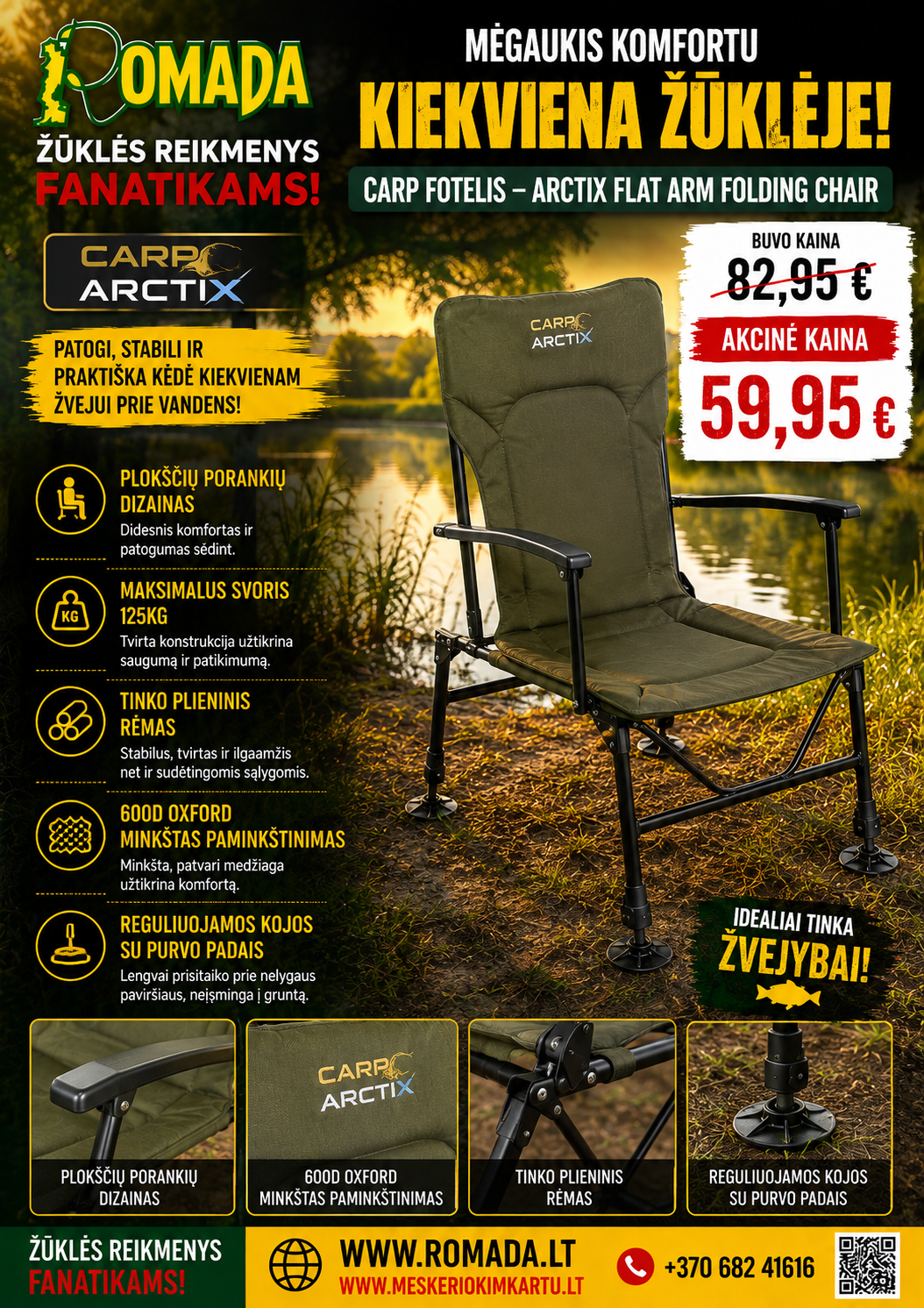 Super AKCIJA 59eur Kėdė Carp Fotelis ARCTIX FLAT ARM FOLDING CHAIR