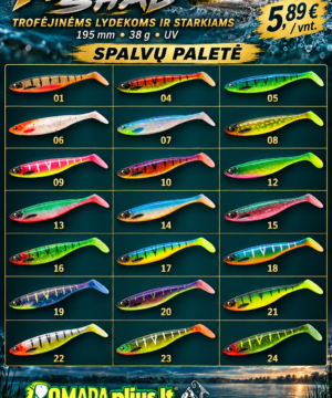 Riperis RAZOR Shad 195mm 38g UV Idealiai tinka gaudyti trofėjines lydekas bei starkius
