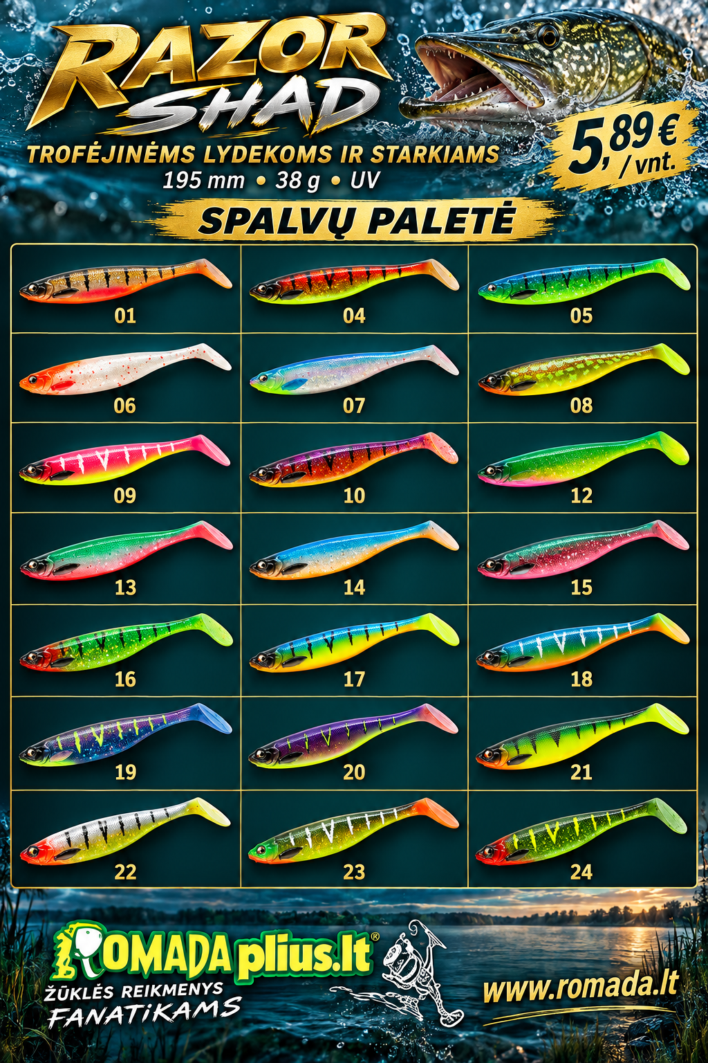 Riperis RAZOR Shad 195mm 38g UV Idealiai tinka gaudyti trofėjines lydekas bei starkius
