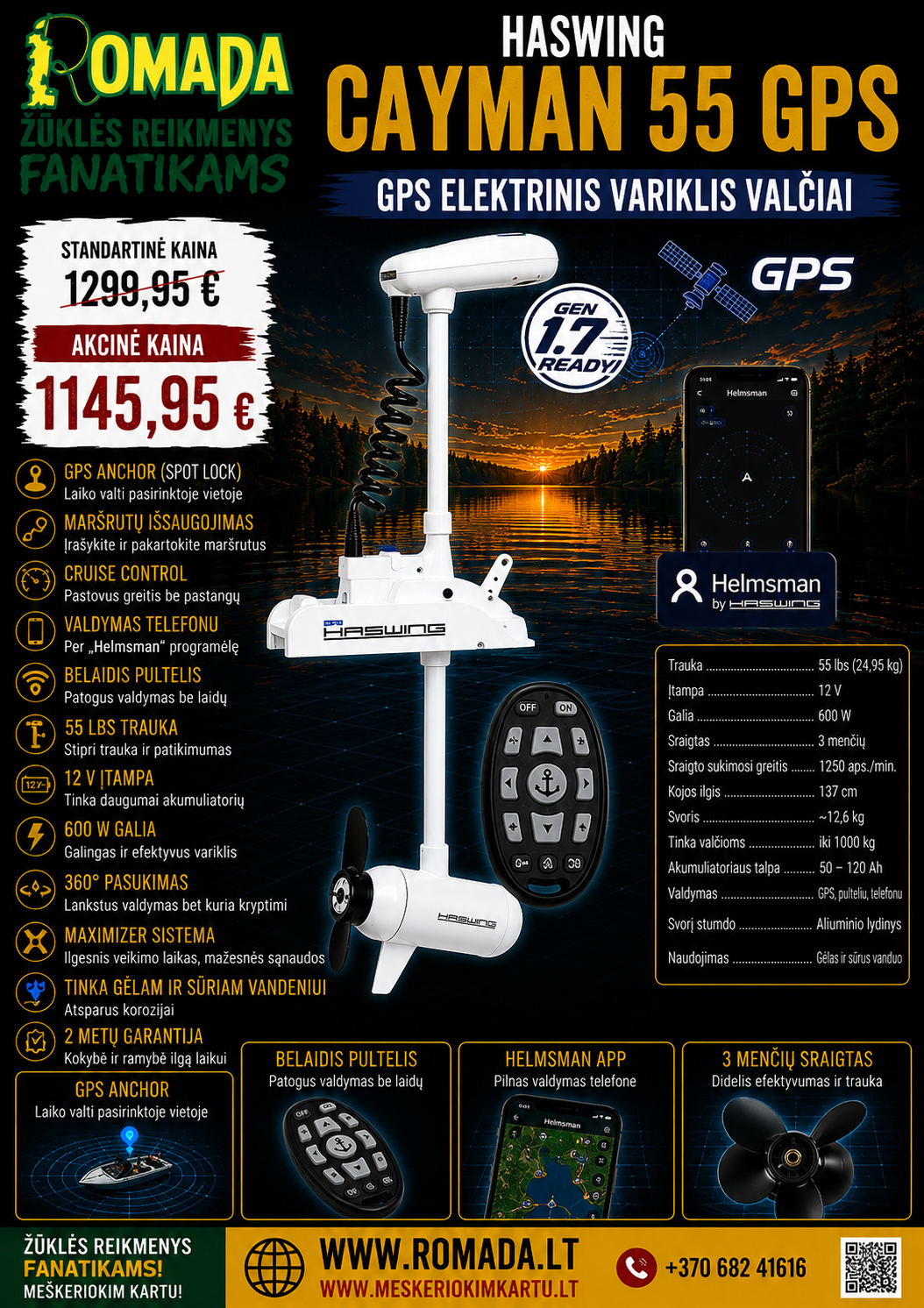 Super Kaina 1145eur Naujausia Versija 2026 GPS Inkaras Elektrinis VALTIES VARIKLIS Cayman B 55lbs with GPS 12V 1370mm (Baltas) 1.7 with NEW GEAR BOX