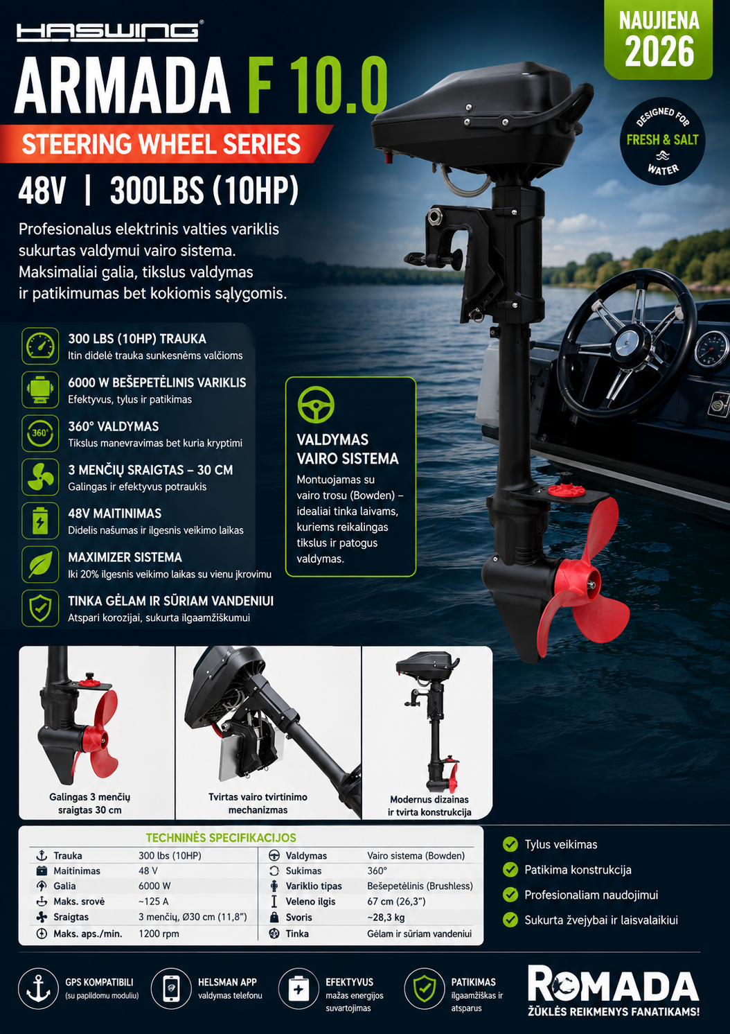 Naujiena Elektrinis 10-ARKLIO JĖGOS 300LBS VALTIES VARIKLIS HASWING ARMADA 10F BRUSHLESS TROLLING MOTOR 48V Tinka Jūroje