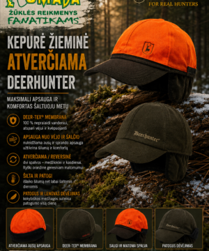 Super Kaina 59eur Kepurė PRO medžiotojo Ruduo Žiema su ausinėm Reversinė Žalia arba Oranžinė Deerhunter DEER-TEX