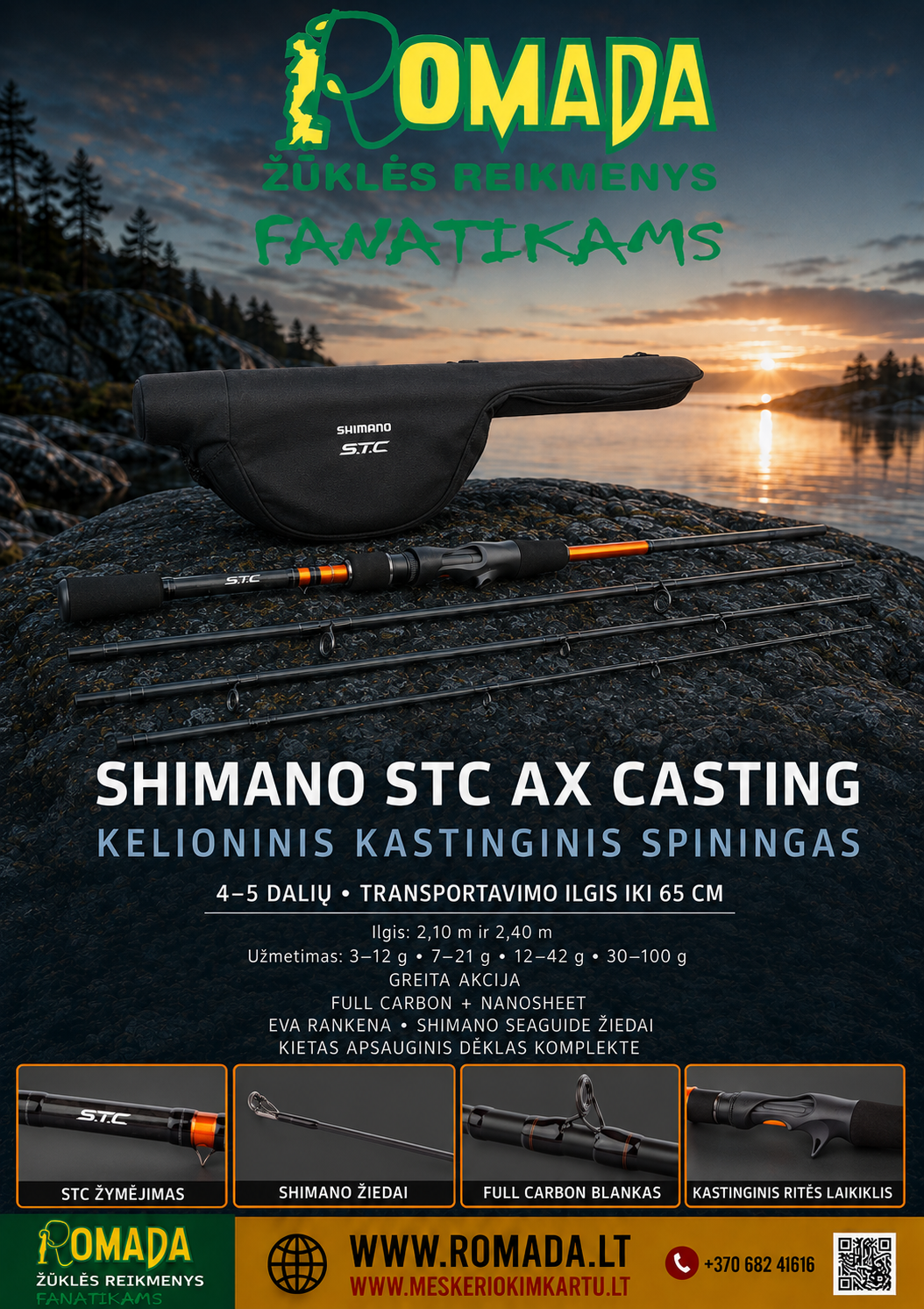 Super Kaina 149eur Spiningas Kelioninis Shimano Travel Rod STC AX Casting 2.10m (3-12g / 7-21g / 12-42g) transportavimas 58cm su kietu Dėklu