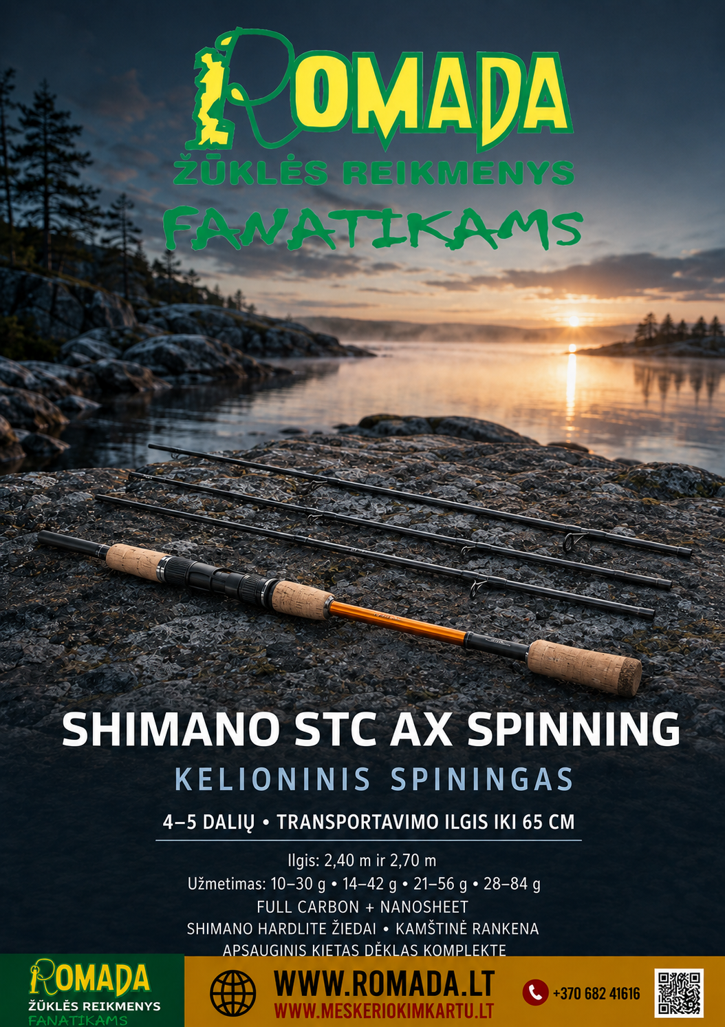 Super Kaina 131eur Spiningas Kelioninis Shimano Travel Shimano Rod STC AX Spinning 2.40m 10-30g su kietu Dėklu 65cm