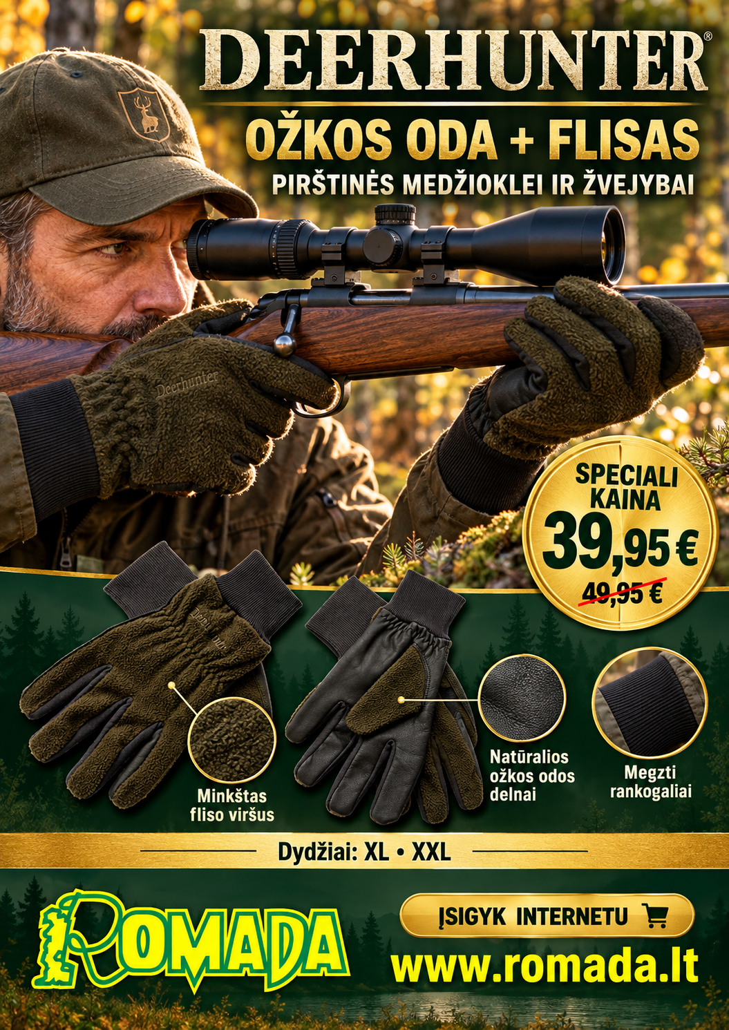Pirštinės Ožkos oda + Fleece Deerhunter Medžiotojui ir Žvejui