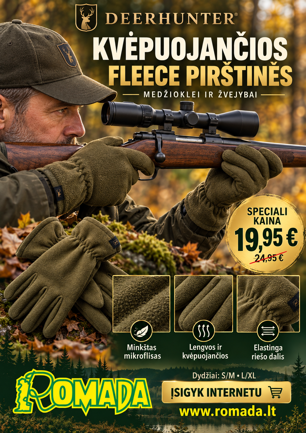 Pirštinės Kvėpuojančios Fleece Deerhunter Medžiotojui ir Žvejui
