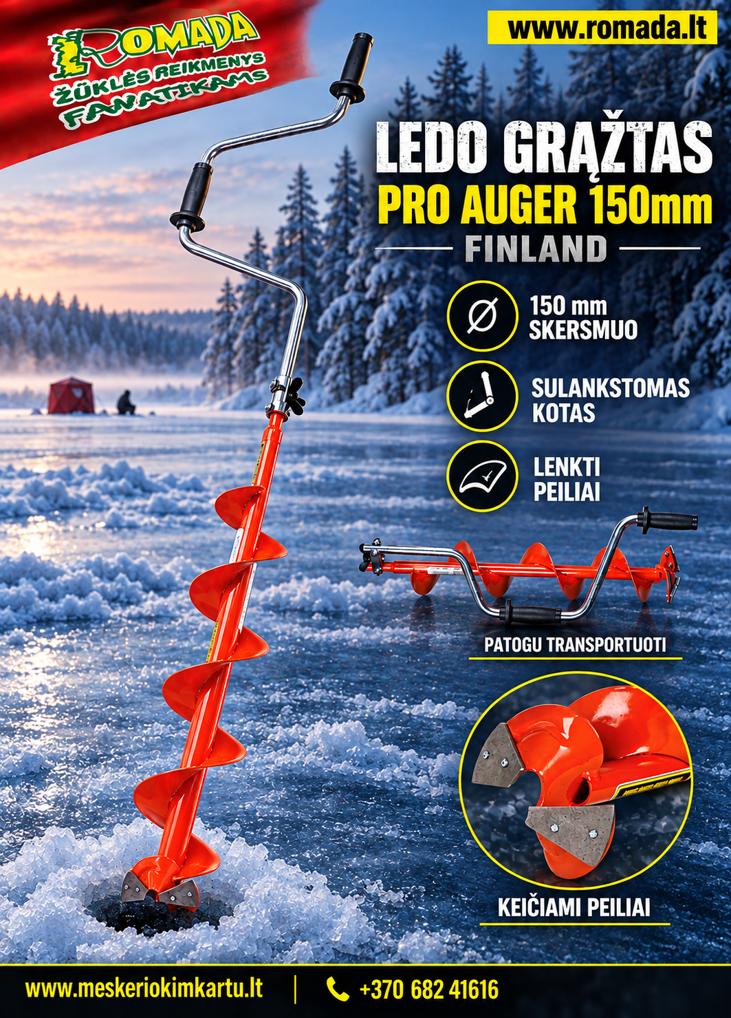 Super Kaina 87eur Naujiena Ledo grąžtas Pro Auger 130mm / 150mm Finland