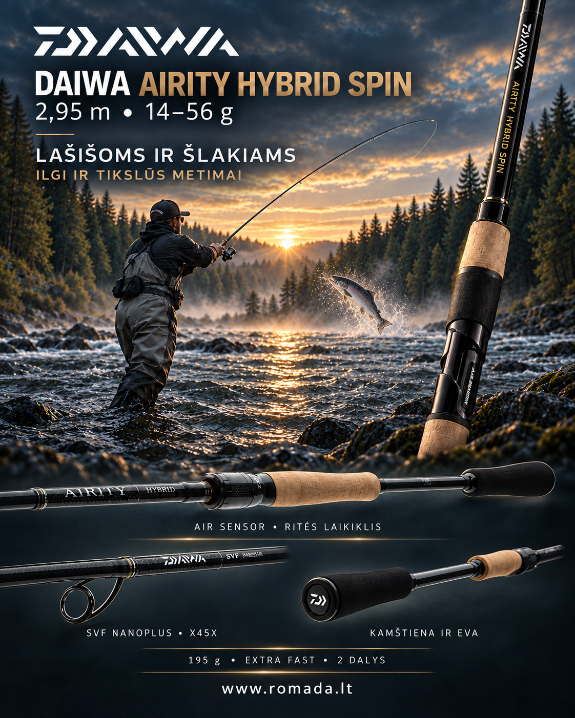 Spiningas Airity Hybrid 2.95m 14-56g Daiwa Lašišinis su Specialiu Dėklu su rite Vienas geriausių pasaulyje Japan