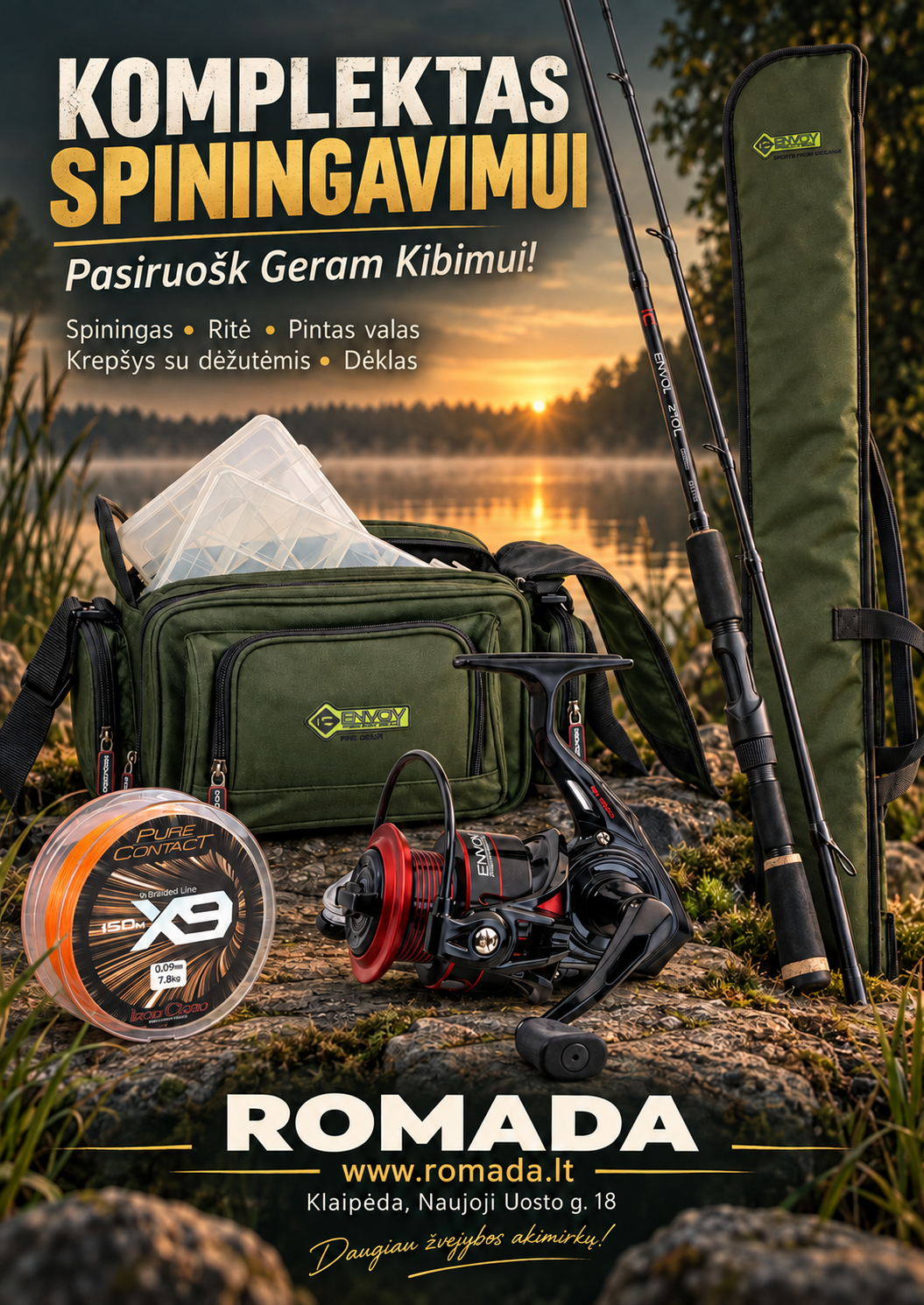 Komplektas Spiningavimui IRON CLAW Spiningas 195cm 6-24g + Ritė su valu + Dėklas + Rankinė su dėžutėmis