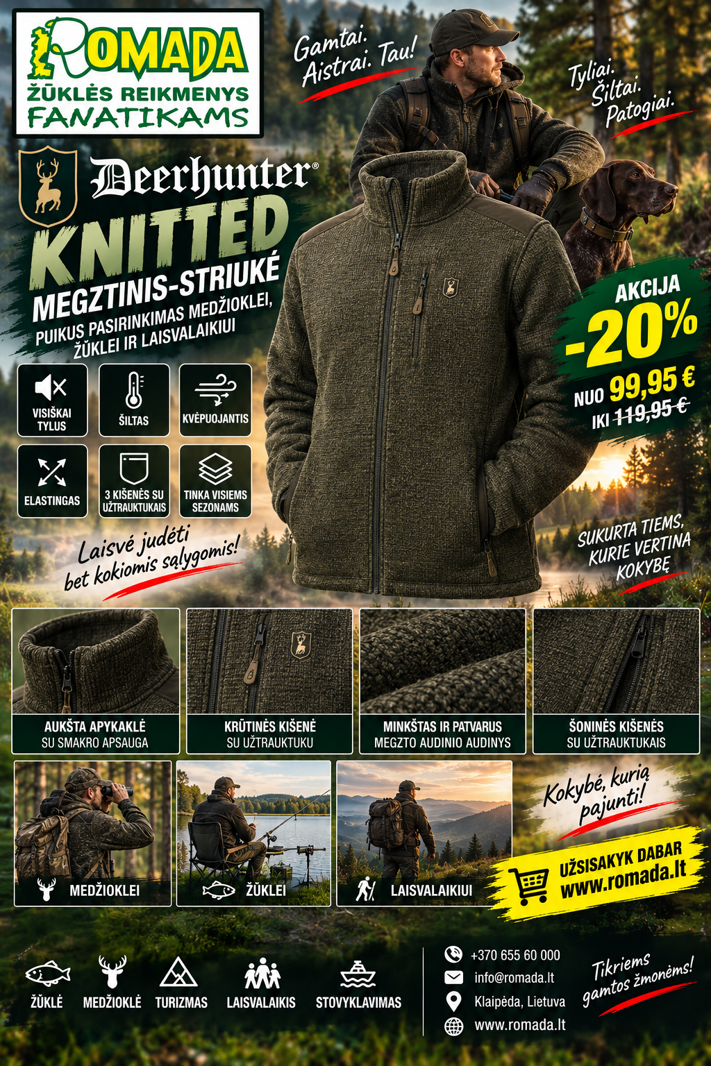 Striukė Megztinis Knitted Deerhuter Medžiotojui ir Žvejui