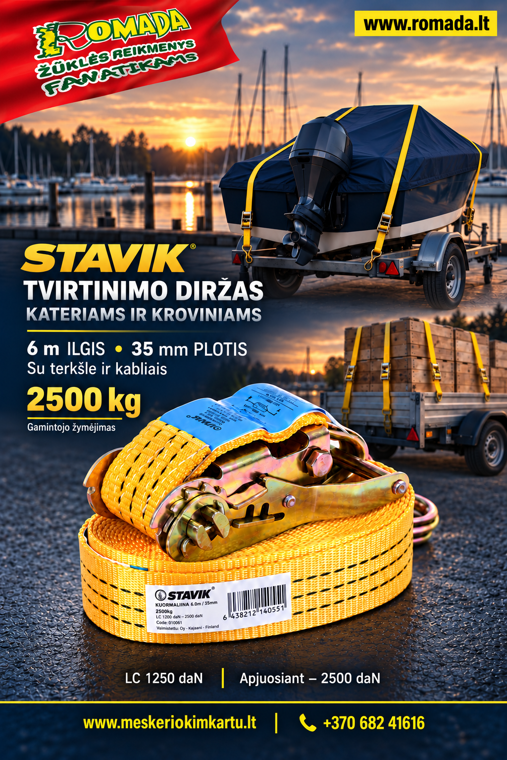 Super Kaina 15eur Tvirtinimo diržas su terkšle ir kabliais 35mm × 6 m 2500kg Katerių ir valčių tvirtinimui prie priekabų