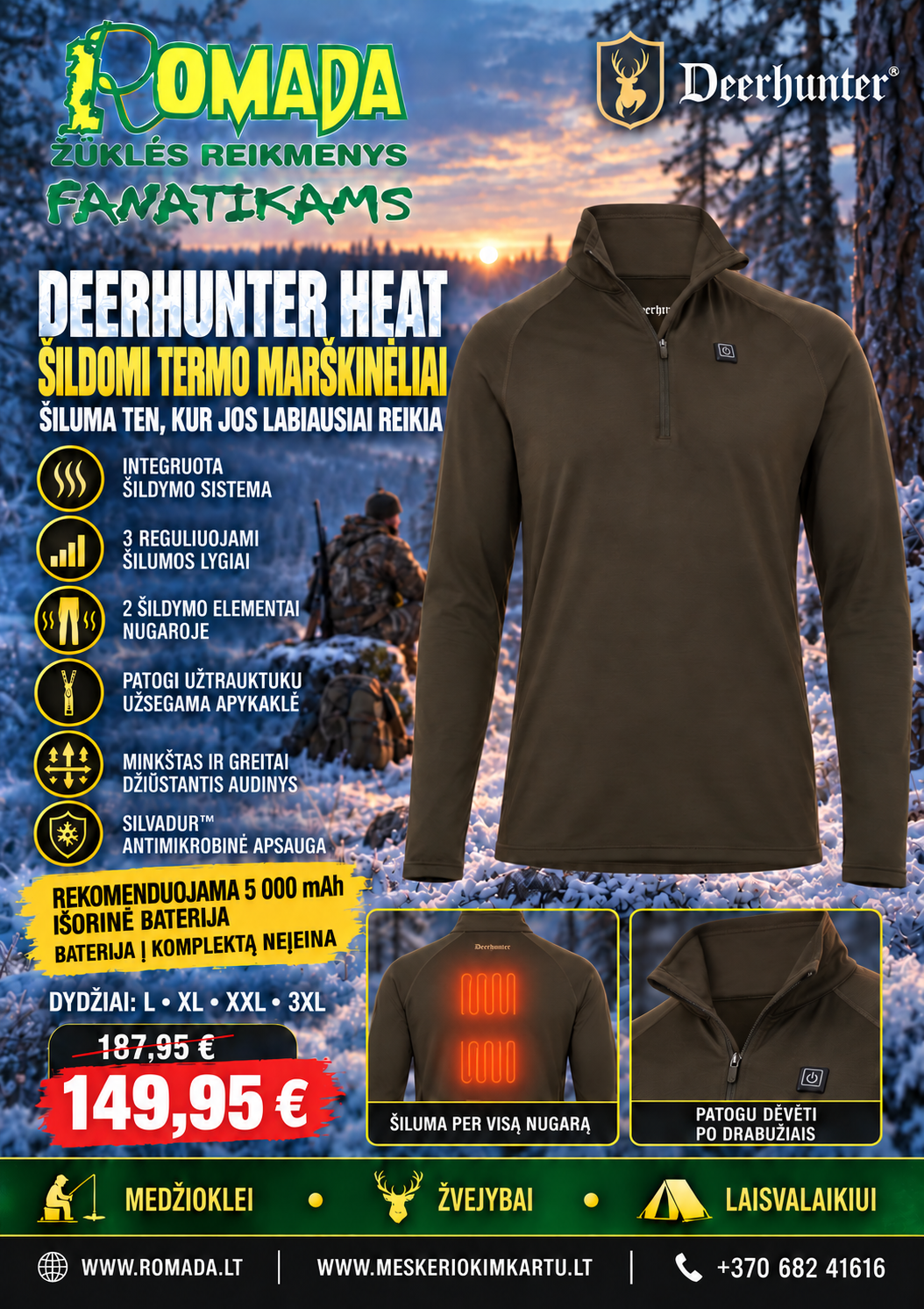 Termo Apatiniai Marškinėliai Heat Deerhunter Su Šildymo Sistema powerbank